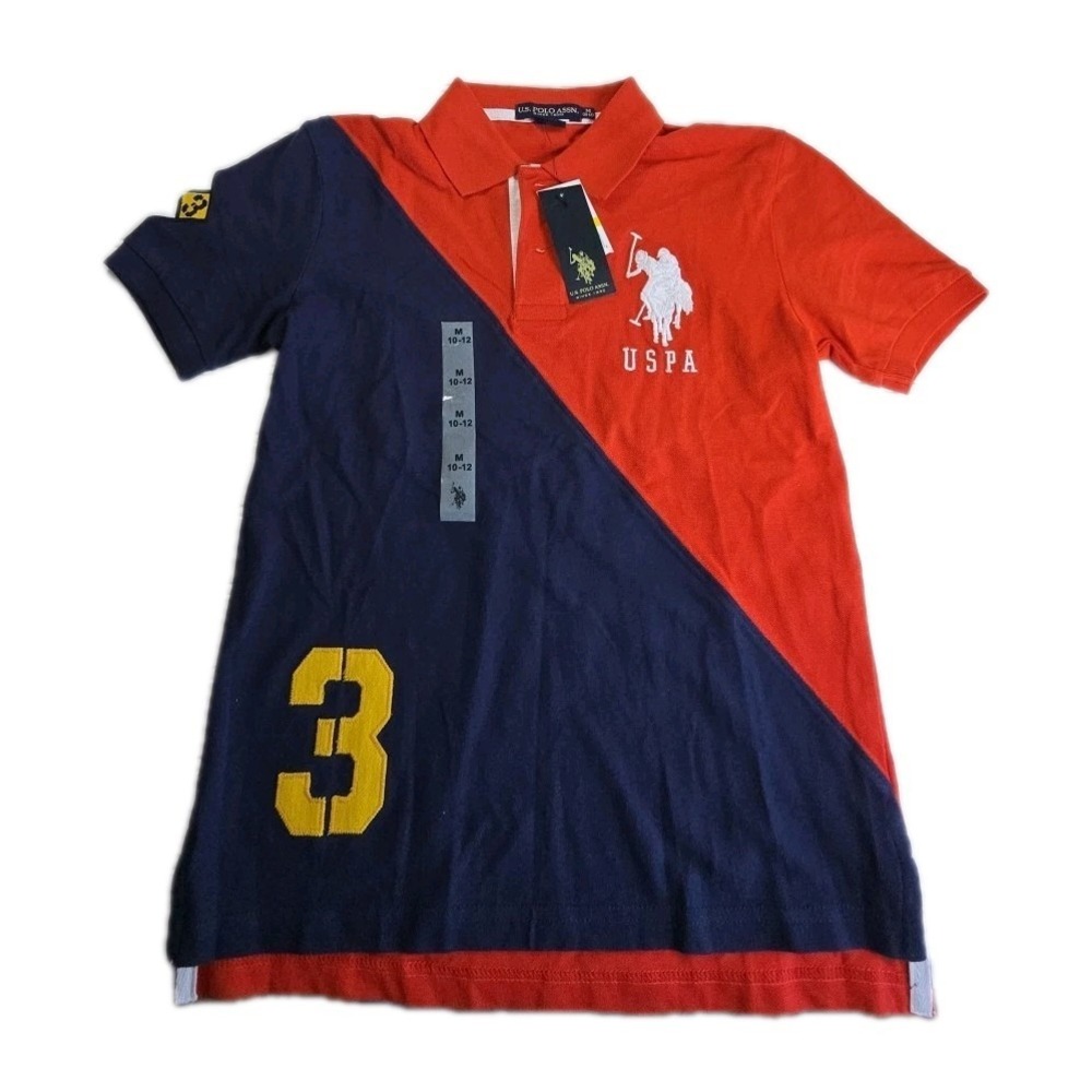 NWT U.S. Polo Assn Kids Polo Shirt Medium RED USPA Pony Logo Rugby #3 COLORBLOCK